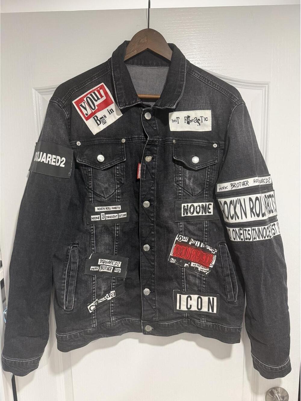 Dsquared2 Denim Custom Jacket Size 54 XL Black Graphic Patch Made In Italy